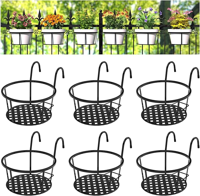CADANI Iron Hanging Plant Holder Over The Rail Metal Fence Planters, Hanging Bucket Flower Pot Holder for Patio Balcony Outdoor Plants - Pack of 6 (Black) CADAINPlantStandOutdoor