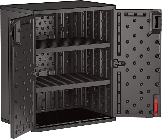 Suncast Heavy-Duty Resin Outdoor Storage Cabinet, 30" W x 20.25" D x 36" H Dark Grey Base Garage Storage Cabinet with Lockable Doors and Metal Reinforced Shelves, Made in The USA SuncastCommercialProducts