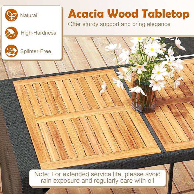 COSTWAY 5 Piece Patio Bar Set, Outdoor Rattan Wicker Bar Table and 30'' High Top Chairs Set with Acacia Wood Tabletop and Cushions for Poolside, Backyard COSTWAY