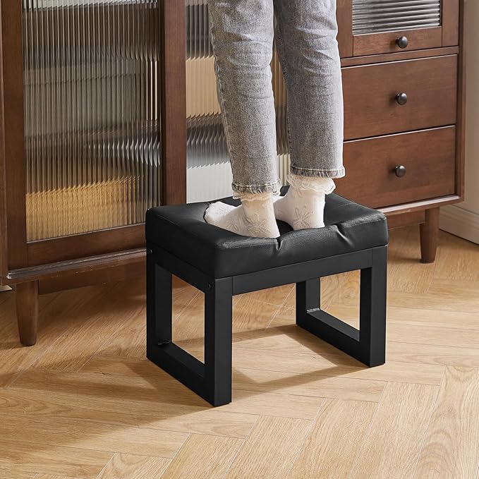 IBUYKE 16 Inch Small Foot Stool Ottoman, Rectangle PU Faux Leather Foot Rest with Padded Seat and Metal Legs, Modern Ottoman Foot Rest for Living Room Bedroom Entryway Couch, Black WBD026B IBUYKE