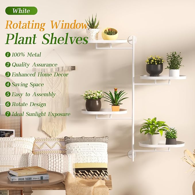 Window Rotating Plant Stand Shelf Indoor White Metal Floating Shelves 4-Tier Wall Mount Plant hanger Holders for Wall Planter Modern Home Decor window sill gifts YQSLYSF