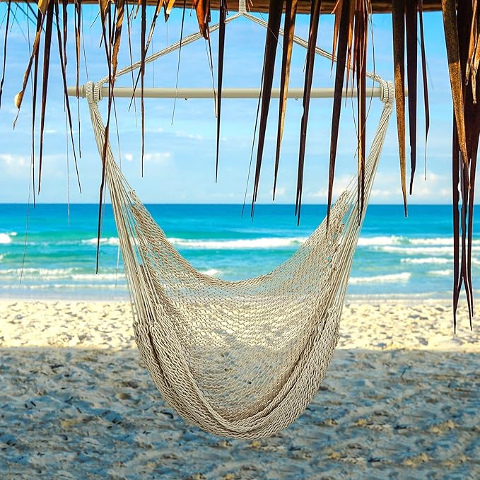 Barydat 2 Pcs Hanging Hammock Chair Boho Swing Chair Indoor Outdoor Cotton Rope Weaving Chair with 40 Inch Detachable Metal Bars for Backyard Living Room Bedroom Garden(Beige) home