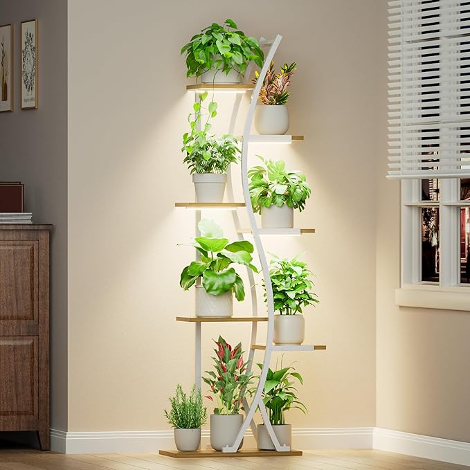 62" Plant Stand Indoor with Grow Lights - 7 Tiered Tall Metal Plant Shelf - Corner Wooden Plant Stand for Indoor Plants Multiple, Large S-Shape Flower Rack Holder for Living Room, Garden, Patio Decor MJOMKN