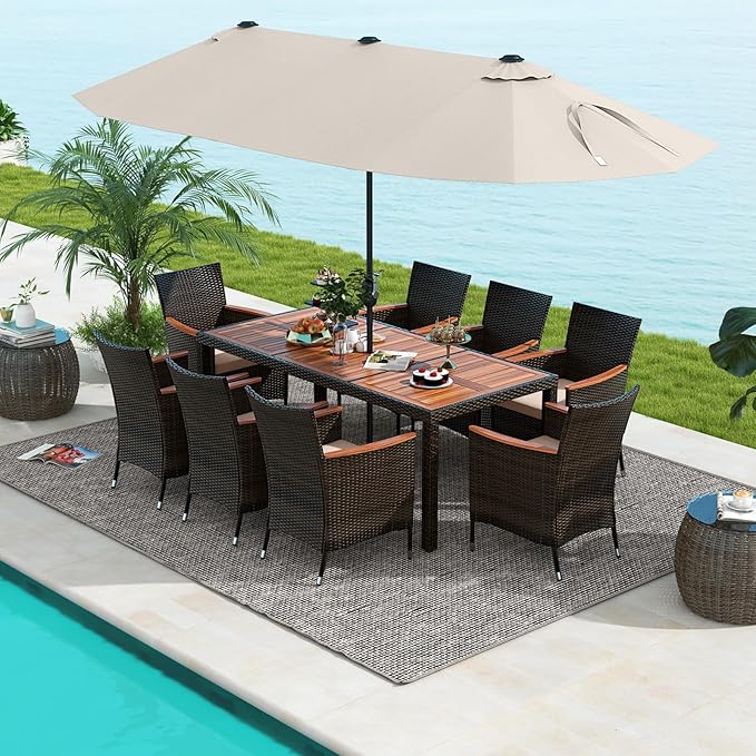 Tangkula 11 Pieces Rattan Outdoor Dining Set with 15Ft Solar Patio Umbrella for 8, Outdoor Wicker Table Set with 8 Cushioned Chairs, Acacia Wood Top, Outdoor Umbrella with Base Included TANGKULA