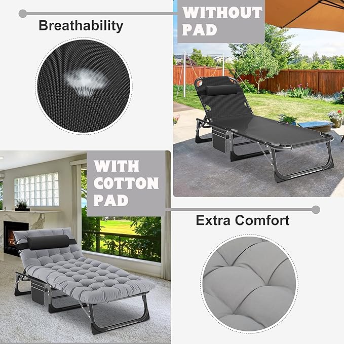 ABORON 2PK Chaise Lounge Chair,5 Positions Padded Outdoor Tanning Chair,Heavy Duty Portable Lounge Chair for Outdoor Sunbathing Patio Pool Lawn Deck Poolside,Support up to 440 Lbs ABORON