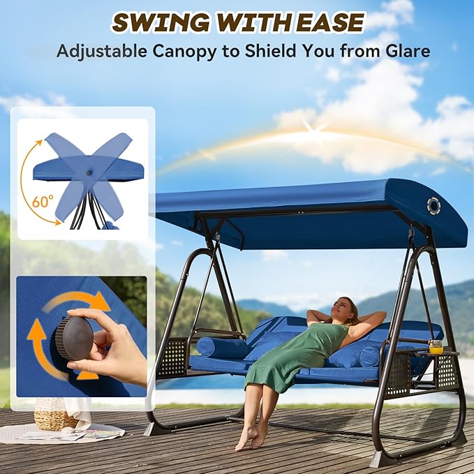 3 in 1 Outdoor Porch Swing with Adjustable Canopy, 3 Seat Outdoor Swing for Adults, Patio Swing Chair with Thickened Cushions,Pillows & Cup Holders for Backyard, Porch, Garden (Blue) YALISSEY