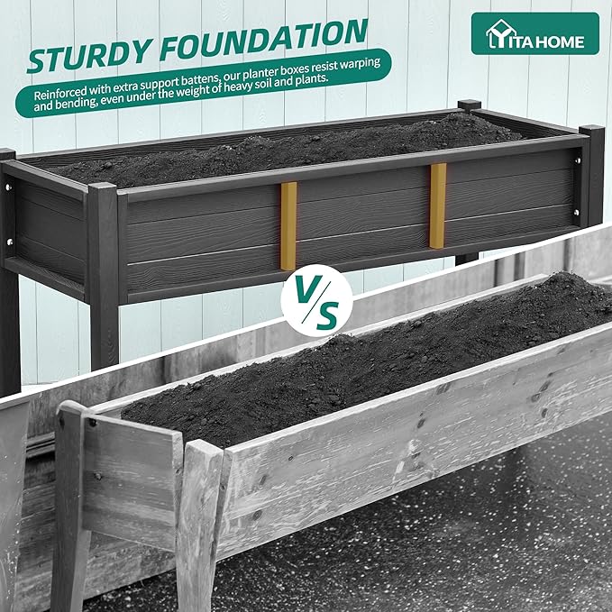 YITAHOME 48x18x30in Raised Garden Bed HDPE, Weather-Resistant Poly Lumber Planter Box with Legs & Storage Shelf, Elevated Garden Bed for Yard, Garden, Balcony - Black YITAHOME