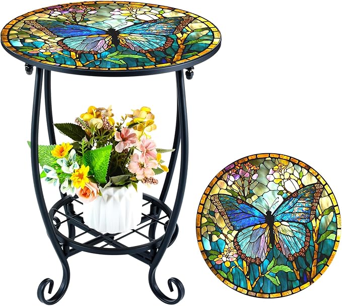 Outdoor Side Table Round Small Mosaic Patio Accent Indoor End Plant Coffee Tea Table for Yard Patio Porch Garden Living Room, Bedroom(Butterfly Style,12 Inch) Cinnvoice