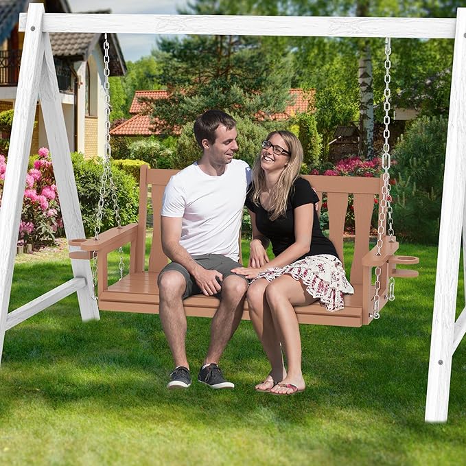 HIPS All-Weather Outdoor Hanging Porch Swing,2 Seat Hanging Swing Bench with Cup Holders,Patio Swing Chair with Hanging Chains for Courtyard & Garden CONGFUTT