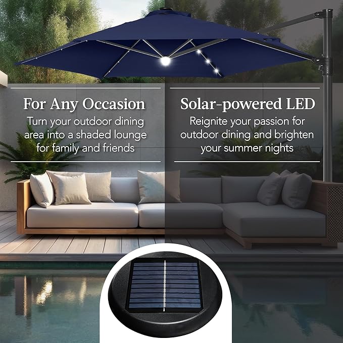 Best Choice Products 10ft Solar LED Offset Cantilever Hanging Market Patio Umbrella, Smooth 360° Rotation, 8 Sturdy Ribs, Easy Adjustment - Navy Blue BestChoiceProducts