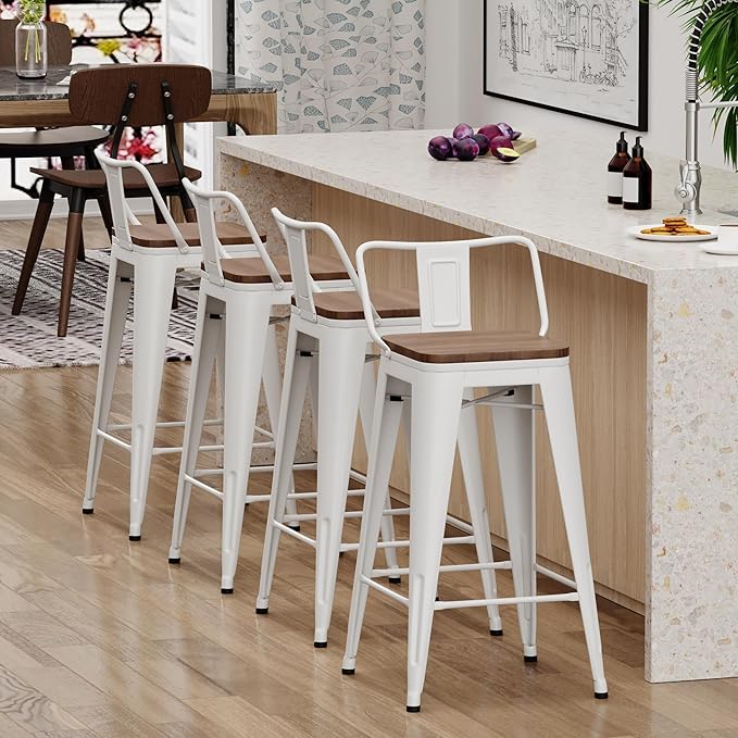 Yongchuang 26 inch Metal Bar Stools Set of 4 Counter Height Barstools Farmhouse Kitchen Bar Chairs with Wood Seat Low Back Cream White YongchuangInternational
