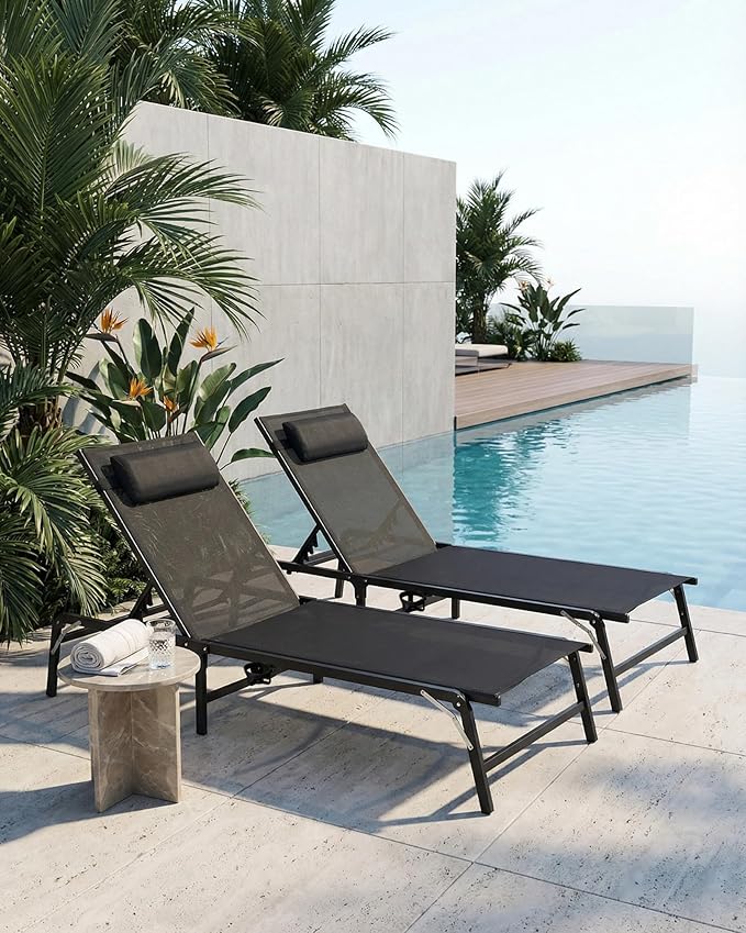 Foldable Chaise Lounge Chair with Cup Holder, Assemble-Free Outdoor Lounge Chair with Detachable Pillow and 6 Adjustable Backrest, Patio Lounge Chair for Outside Poolside Beach Pool, Black HOMELYM