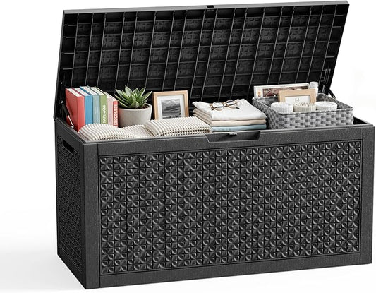 110 Gallon Resin Deck Box, Lockable Patio Outdoor Storage Box for Furniture, Garden Tools and Tools Storage, Waterproof Outside Storage Boxes - Patterned black OutdoorLivingPerfected