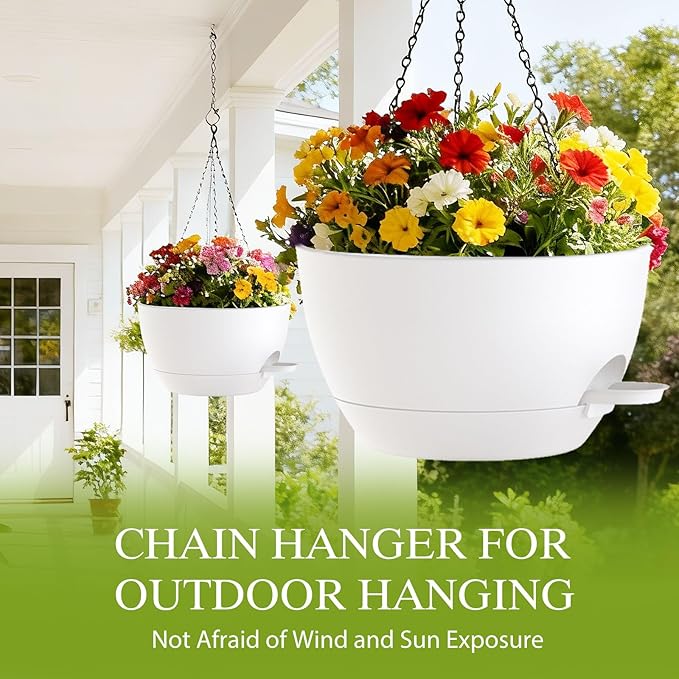 12 Inch Hanging Baskets 2 PC with Chains, Self-Watering Hanging Planters for Indoor Outdoor Plants, Plastic Hanging Flower Pots,White SQKH