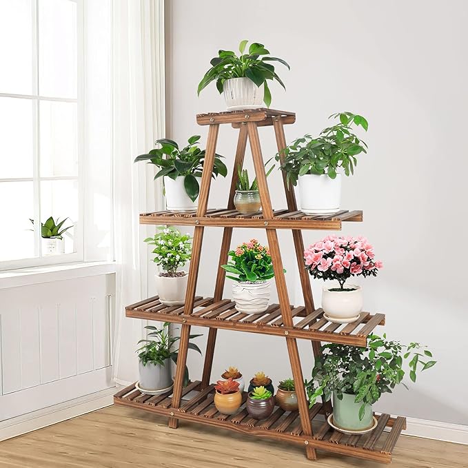Ufine 4 Tier Wood Plant Stand Indoor Outdoor A Frame Plant Display Shelf for Multiple Plants Flower Pot Holder Rack, Living Room Balcony Patio Ufine