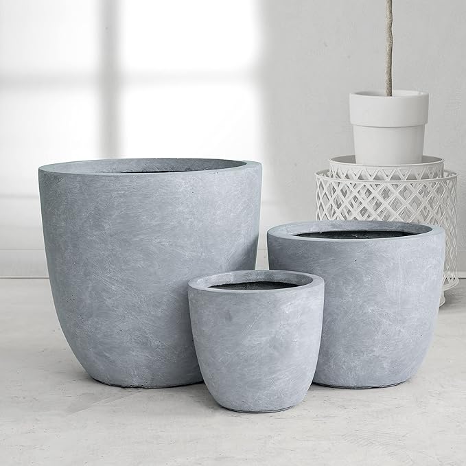 Kante 18",14",10" Dia Concrete Round Planters (Set of 3), Outdoor Indoor Large Planter Pots with Drainage Hole and Rubber Plug for Home Patio Garden, Gray Kante