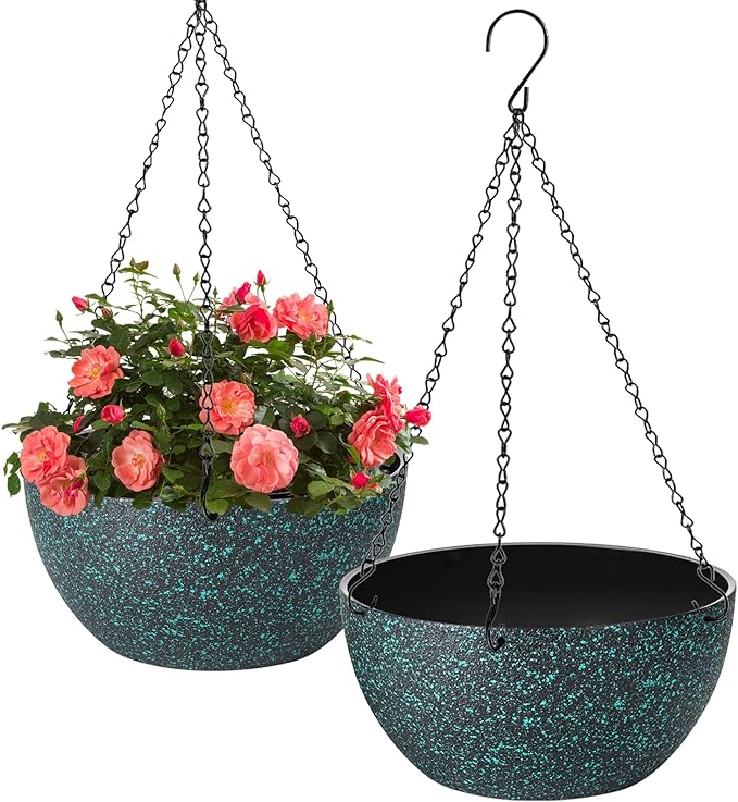10 inch Hanging Planters for Indoor Plants, 2 Pack Planters for Outdoor Plants with Drainage Holes and Chain, Round Plastic Hanging Baskets, Hanging Flower Pots for Balcony Garden Decor-Black Speckle HIGSEEU