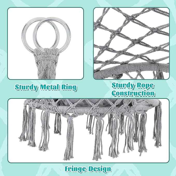 Macrame Hammock Hanging Swinging Chair with Medium Cushion, Perfect for Bedroom, Porch, Adults, Balcony, Grey KROFEM