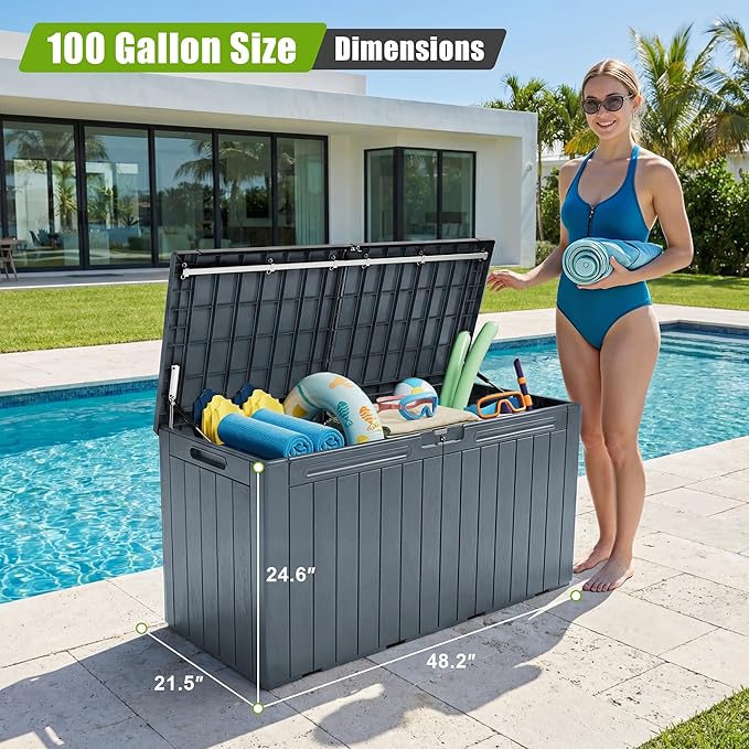 Flamaker Resin Deck Box 100 Gallon Large Lockable Outdoor Storage Box Waterproof for Patio Cushions, Tools, Pool Accessories (Gray) Flamaker