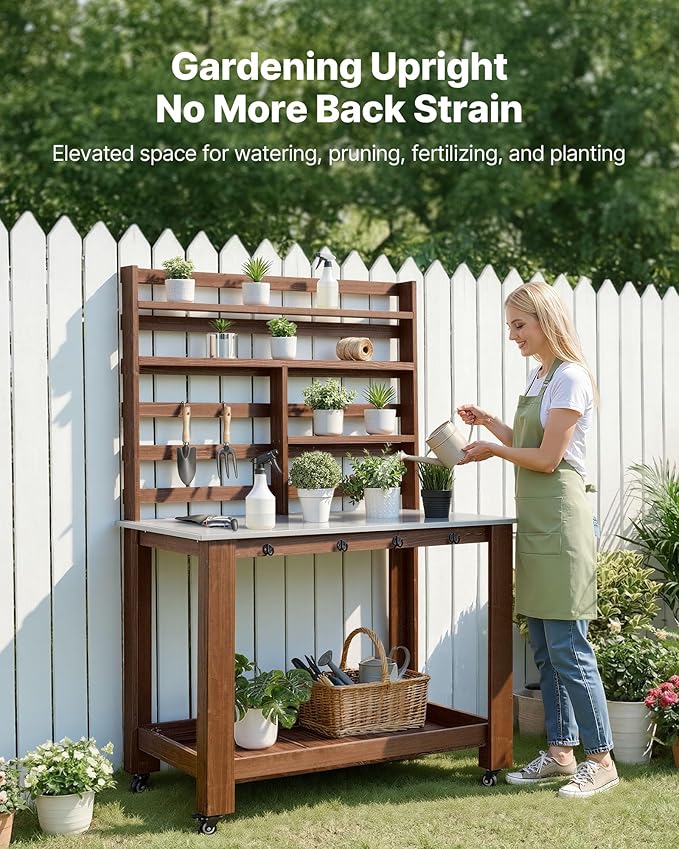 VEVOR Potting Bench Table, Outdoor Gardening Workstation with 45 x 26 in Stainless Steel Tabletop, Storage Shelves, 4 Casters, Hooks, Garden Planting Work Station for Outside Patio, Backyard, Brown VEVOR