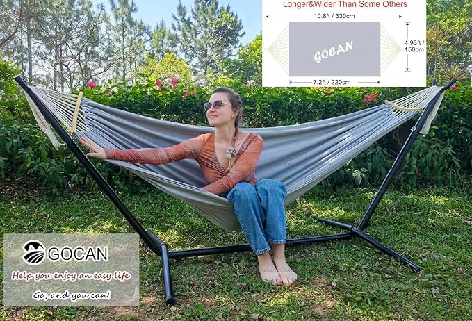 Double Hammock 2 Person Large 220x150cm with Steel Stand and Removable Spreader bar Load 500lb, Canvas Cotton Hammocks for Patio Porch Garden Backyard Outdoor and Indoor GOCAN