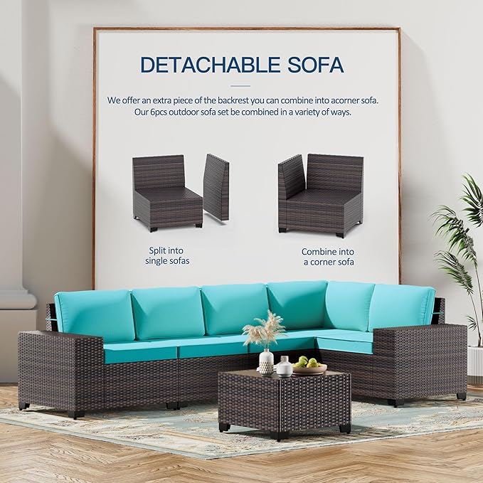 Kullavik 13 Pieces Outdoor Patio Furniture Set with 43" 55000BTU Gas Propane Fire Pit Table PE Wicker Rattan Sectional Sofa Patio Conversation Sets,Blue KULLAVIK