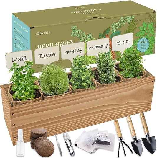 5 Herb Garden Planter Indoor with Wooden Box, Home Kitchen Seed Starter Kit Including Basil, Thyme, Parsley, Rosemary, Mint, Birthday, Mothers Day, House Warming, Gardening Gifts for Women, Mom ROOTCRAFT
