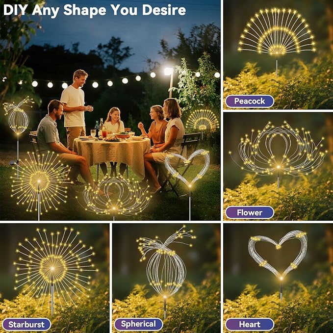 Garden Outdoor Lights, 2 Pack 120 LED Solar Garden Lights Fairy Lights Outdoor Waterproof Decorative Solar Firework Lights for Yard Patio Pathway Flowerbed Party Wedding Decor, Warm White Slyuexu