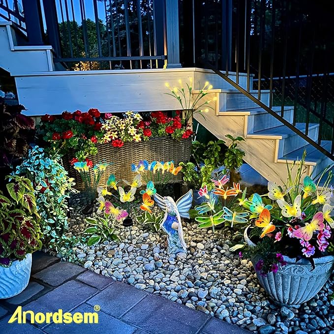 Anordsem Solar Garden Lights Outdoor: 8 Removable Fiber Optic Fabric Dragonflies 4 Pack - Waterproof Fun Animal Decoration for Yard Patio - Gardening Gifts for Garden Lovers Anordsem