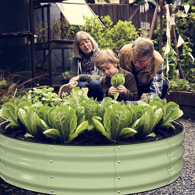 Raised Garden Bed Kit, 4x4x1 ft Round Galvanized Planter Box Outdoor with Safety Edging, Large Metal Raised Beds for Gardening Vegetables Flower Fruits (Avocado Green) Winpull