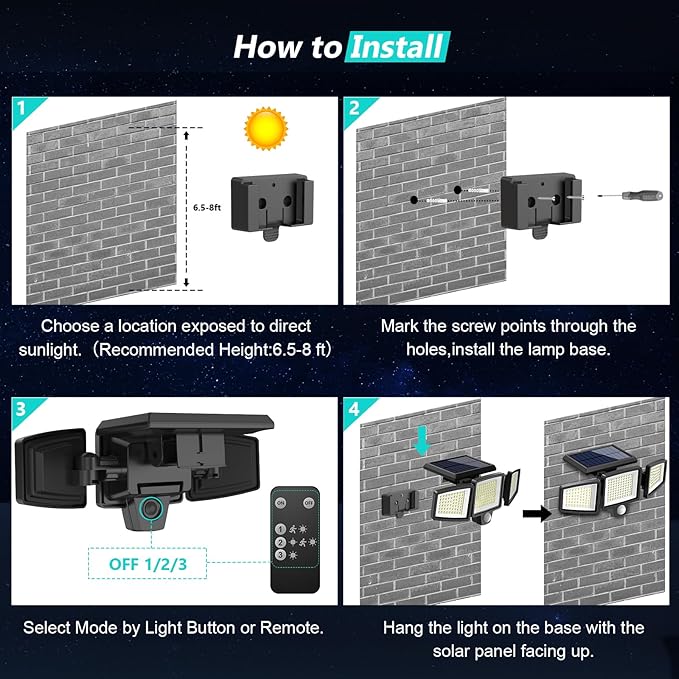 Tuffenough Solar Outdoor Lights 2500LM 210 LED Security Lights with Remote Control,3 Heads Motion Sensor Lights, IP65 Waterproof,270° Wide Angle Flood Wall Lights with 3 Modes(1 Packs) SolarOutdoorLights