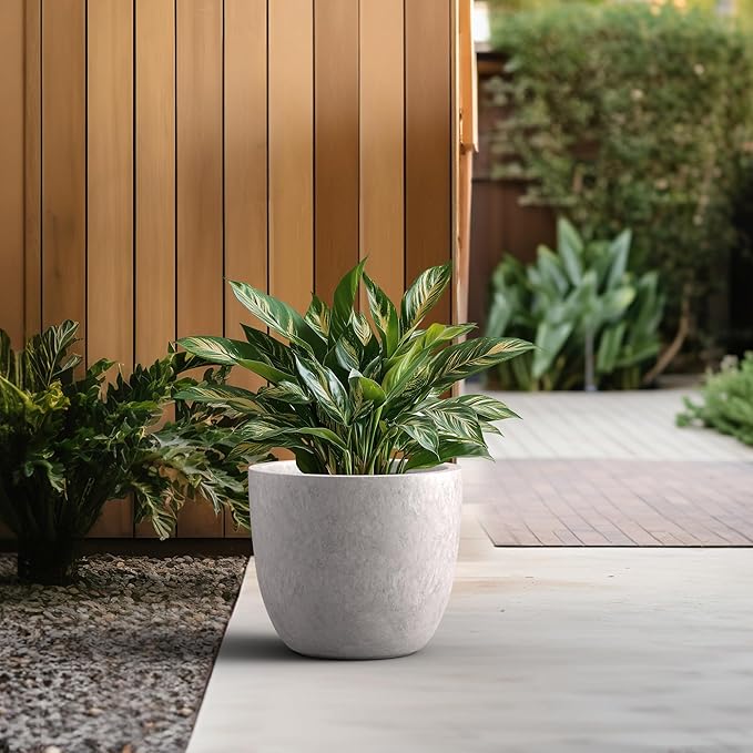Kante 14 Inch Dia Round Concrete Planter, Indoor Outdoor Large Plant Pot with Drainage Hole and Rubber Plug for Home Patio Garden, Light Gray Kante