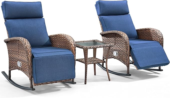 3 Pieces Zero Gravity Wicker Patio Rocking Recliner Chairs Set of 2 - Wicker Outdoor Lounge Chair with Side Table, Adjustable Backrest & Footrest, High Back Outdoor Recliner Chair for Pool Deck Blue JelwalyPatioFurnitureSet
