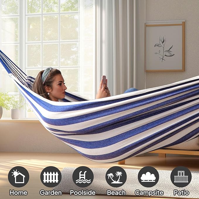 ANYOO Cotton Hammock Portable Camping Hammocks for Hanging Sturdy Garden Comfortable Fabric Hammock with Tree Straps Up to 660lbs with Travel Bag for Camping Outdoor/Indoor Patio Backyard Anyoo