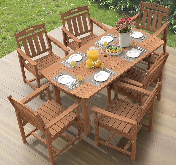 Ciokea HDPE Outdoor Dining Set, 7-Piece Patio Table and Chairs Set with Umbrella Hole, All-Weather Patio Dining Sets for 6, Durable Patio Furniture for Backyard, Garden, Lawn & Poolside, Teak CIOKEA