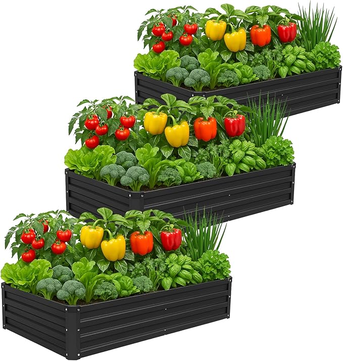 3 Pack 6x3x1FT Galvanized Raised Garden Beds Kit Outdoor Metal Gardening Planter Box for Vegetable Elevated Flower Herbs,Black Meberam