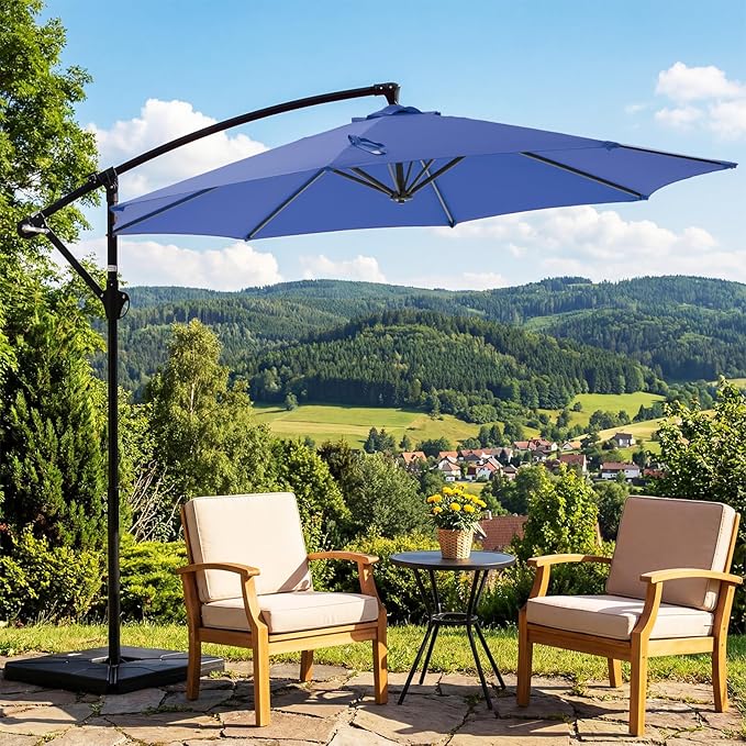 OLIXIS Offset Patio Umbrella, 9.7FT Cantilever Table Umbrellas for Outdoor Sun Shade UV Protection with Easy Tilt Adjustment, 8 Ribs for Backyard, Lawn, Garden, Pool - Blue OLIXIS