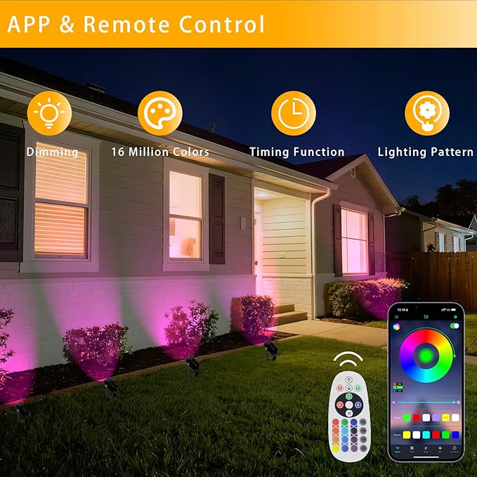 Smart RGB Low Voltage LED Spotlights, APP & Remote Control,Synchronous Dimming Lighting System, IP65 Waterproof,16 Million Colors for Outdoor Landscape,Yard,Garden,Holiday Decoration (10 Pack) Sathem