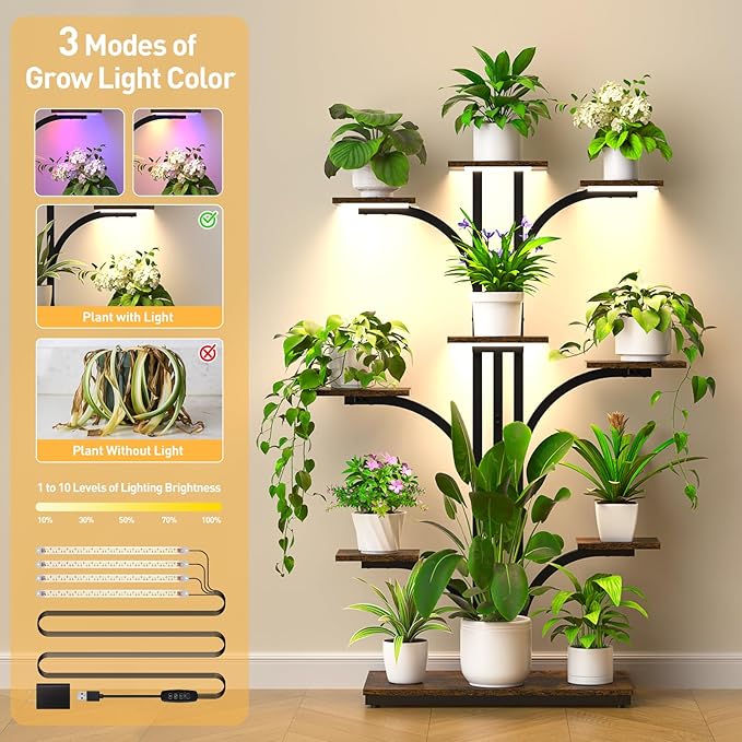 ikkle Plant Stand Indoor with Grow Lights, 64" Tall Plant Shelf, 9 Tiered Corner Plant Shelves for Indoor Plants Multiple, Large Flower Display Holder, Tree-Shaped Plant Rack for Home, Living Room, Patio Decor iKKLEHome