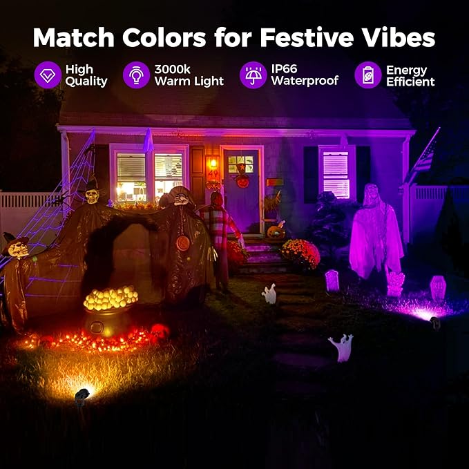 L LOHAS LED Tree Spotlight Outdoor, Purple Halloween Spot Lights for Yard, Auto On/Off 5W 120V Landscape Lighting for House, Holiday, Garden, Decoration, 450LM IP66 Waterproof, UL Listed, 2 Pack LLOHASLED