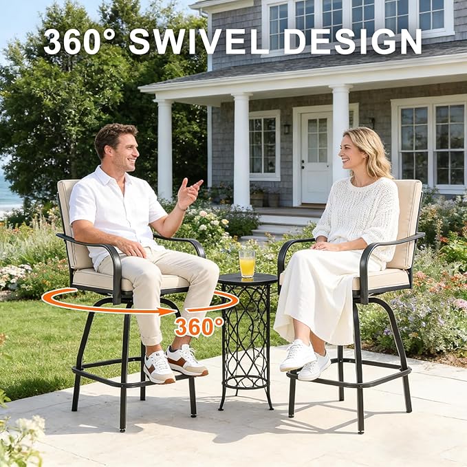 Patio Swivel Bar Stools Set of 6, Outdoor Bar Height Swivel Chairs with Cushions for Garden Balcony Backyard, Beige STRPRETTYBASIC