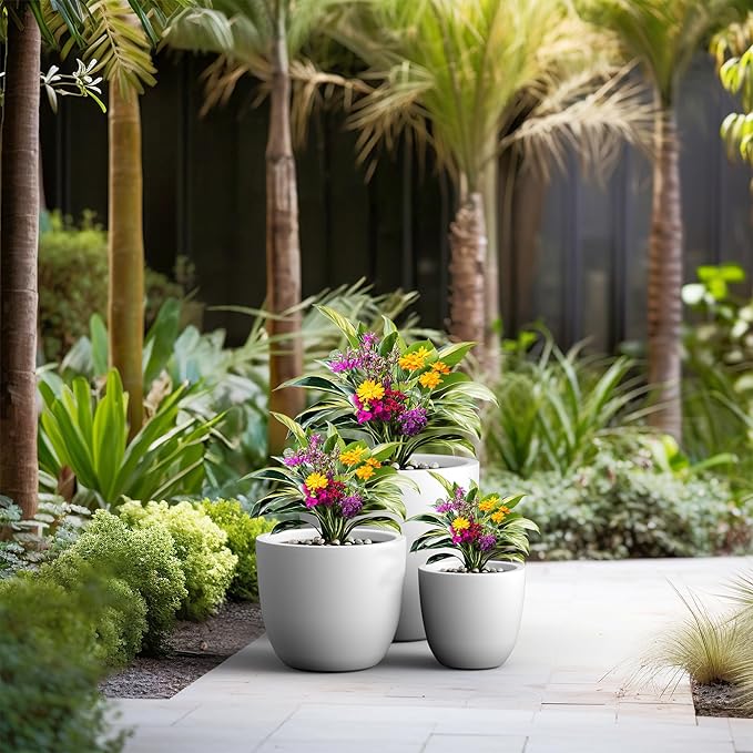 Kante 18",14",10" Dia Concrete Round Planters (Set of 3), Outdoor Indoor Large Planter Pots with Drainage Hole for Home Patio Garden, Pure White Kante