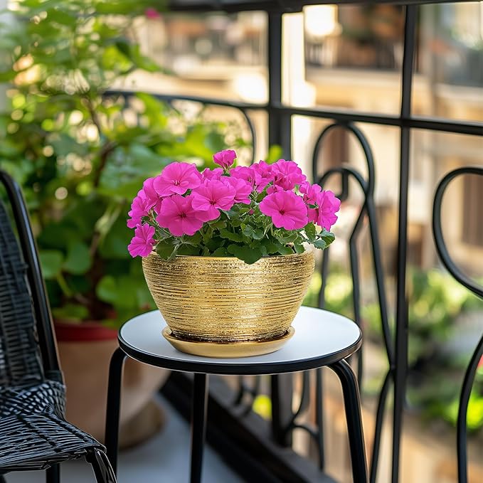 Ceramic Plant Pot Indoor - 9 Inch Planters for Outdoor Plants Decorative Plant Pot with Drainage Hole and Saucer Round Planter Modern Flower Pot Decorative for House Decor Gold Ceramicfor