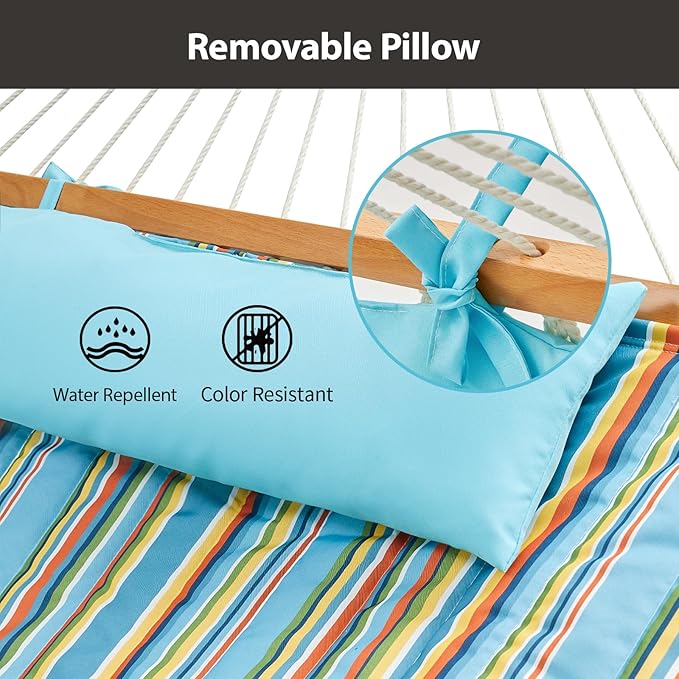 Outdoor Double Hammock with Hardwood Spreader Bars, Large Rope Hammock with Polyester Pad and Pillow, 475 LBS Capacity for 2 Person Patio Backyard Poolside - Bule Stripe CHULIM