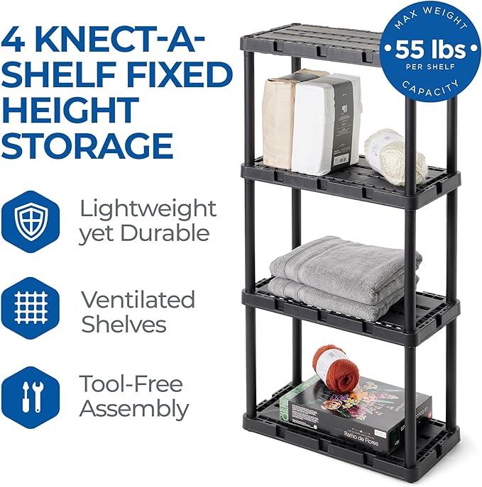 Gracious Living Light Duty Storage Shelves, Knect-A-Shelf 4-Shelf Ventilated Shelving Rack Organizer for Home, Garage, Basement & Laundry, Black GraciousLiving