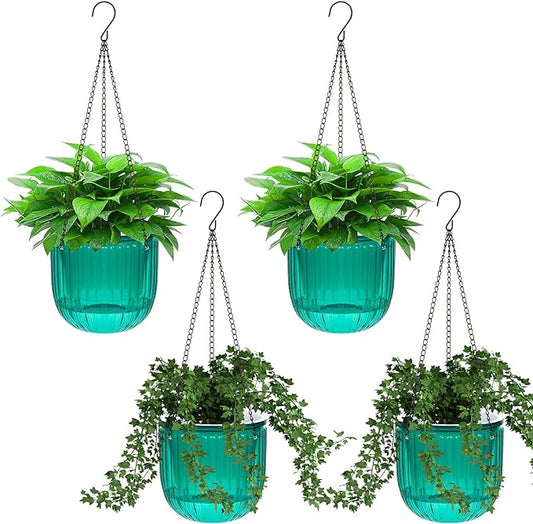 Meanplan 4 Pcs Self Watering Hanging Planter Indoor 6.5 Inch Hanging Baskets for Plants Outdoor Plastic Flower Pot with 3 Hooks Chains Drainage Holes for Garden Home, Medium Size(Emerald) Meanplan
