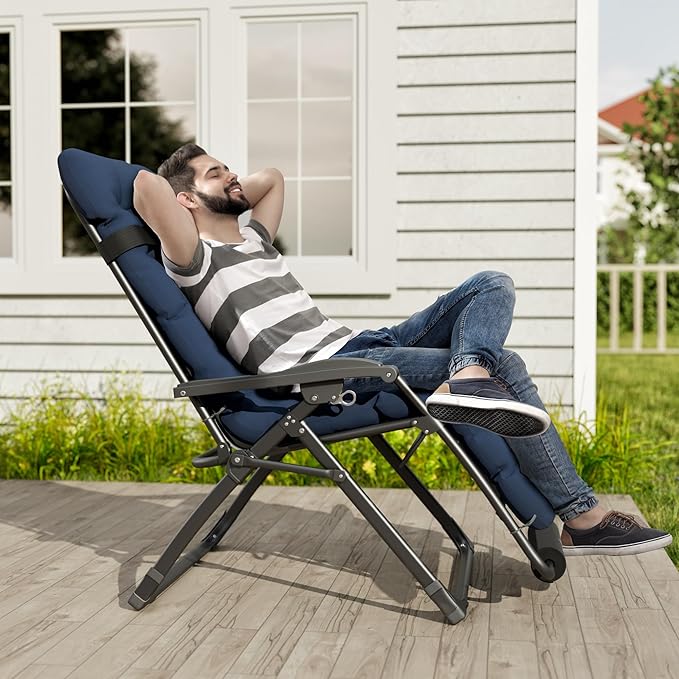 UDPATIO Oversized Zero Gravity Chair 29In XL Patio Reclining Chair with Cushion, Outdoor Folding Adjustable Recliner with Cup Holder, Foot Rest & Padded Headrest, Support 500LB, Navy UDPATIO