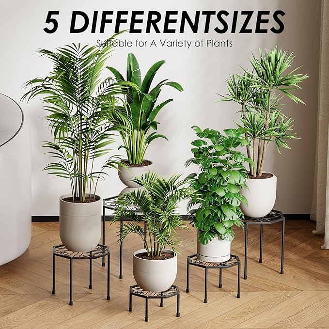 5-Pack Metal Plant Stands for Outdoor Indoor, Anti-Rust Iron Flower Pot Stand, Heavy Duty Plant Pot Shelf for Multiple Plant, Decoration Racks for Home, Patio & Garden (Black) NBPUJ