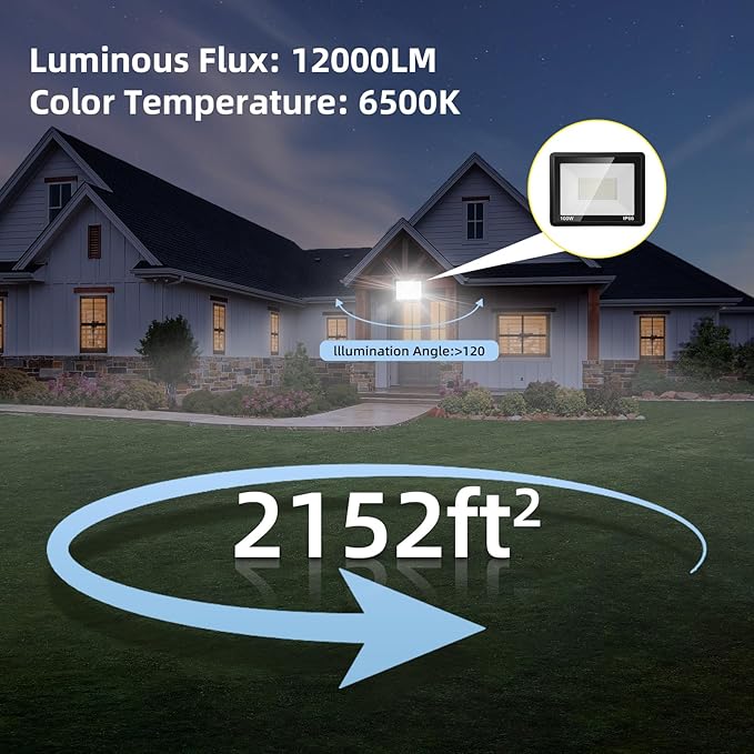 100W Flood Lights Outdoor,12000LM Bright LED Work Light,IP66 Waterproof Outdoor with Switch and 6.5FT Plug,6500K Daylight White Outside Lights for Yard，Garage,Garden,Stadium(2 Pack) Rootora