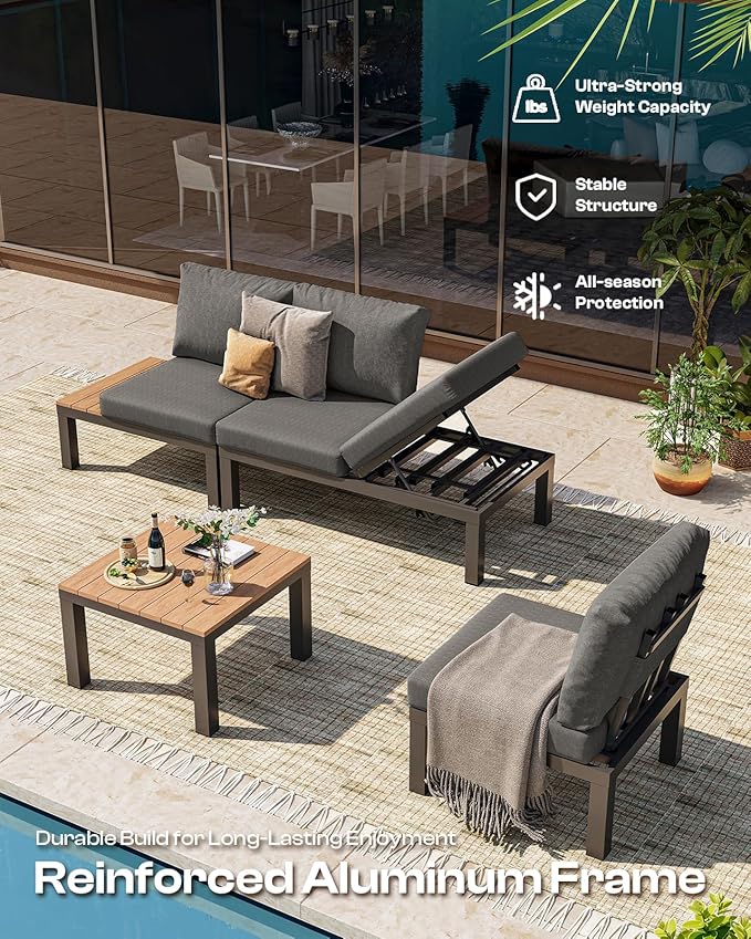 Aluminum Outdoor Patio Sofa Set, 2 Seats Modular Sectional Reclining Loveseat Sofa with Adjustable Backrest & Removable Cushions, All-Weather Conversation Sets for Garden & Yard, Graphite Oasbira